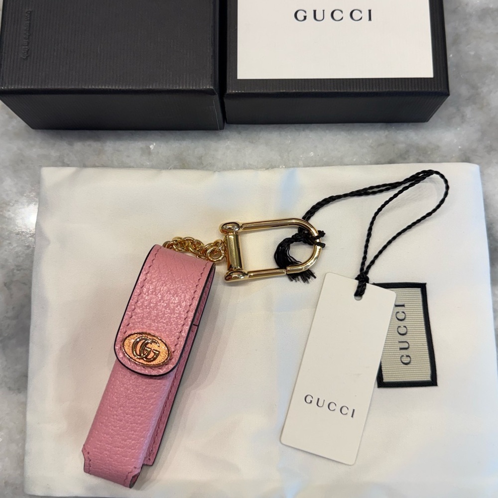 Gucci GG Leather Lipstick Holder Keychain Charm Pink NWT
